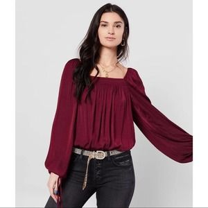 Free People Red Burgendy Wine Flowy Boho Silky Long Sleeve Cottagegore Bodysuit